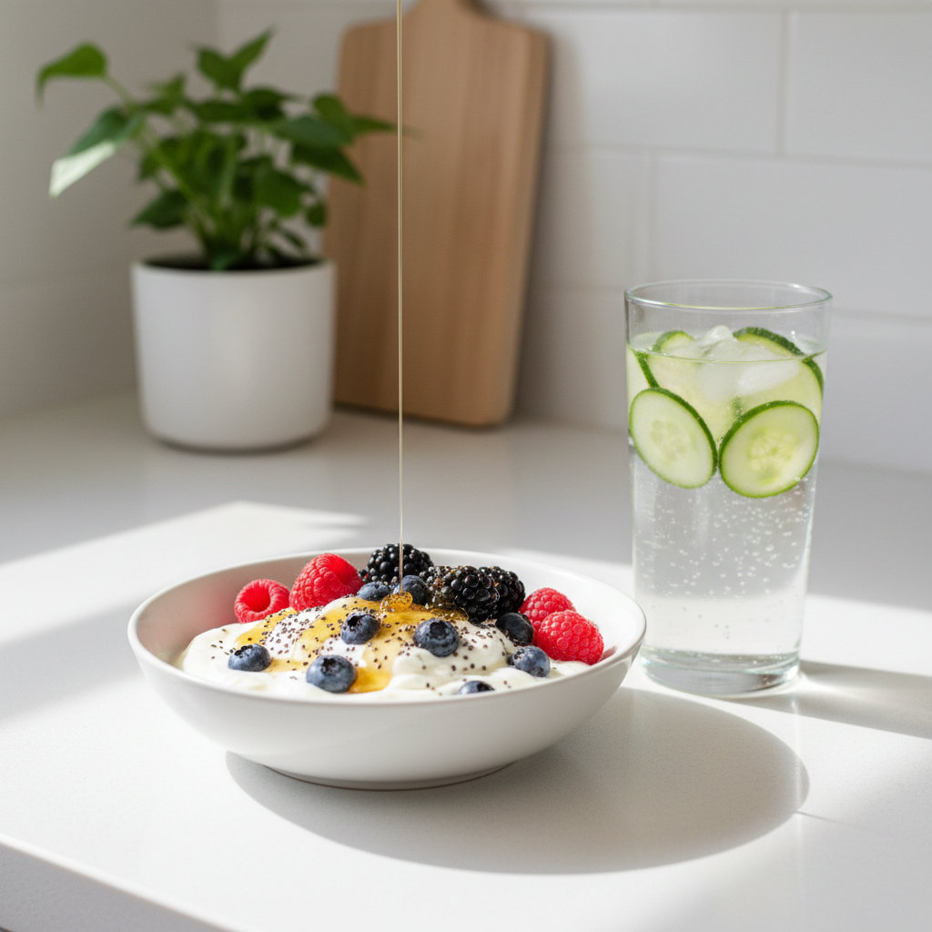 A bright, organized kitchen counter displaying a simple wellness breakfast: a shallow white ceramic bowl filled with thick, creamy yogurt topped with fresh berries, chia seeds, and a drizzle of honey, next to a clear glass of water with cucumber slices. The smooth, light quartz countertop reflects soft daylight from a nearby window, where filtered sunlight creates subtle highlights on the fruit and gentle shadows underneath the bowl. In the softly blurred background, a single leafy houseplant in a matte white pot and a wooden cutting board lean against a clean white subway tile backsplash. Photographic realism with a clean and modern style, shot from a slightly elevated three-quarter angle, emphasizing freshness, balance, and approachable healthy eating habits.