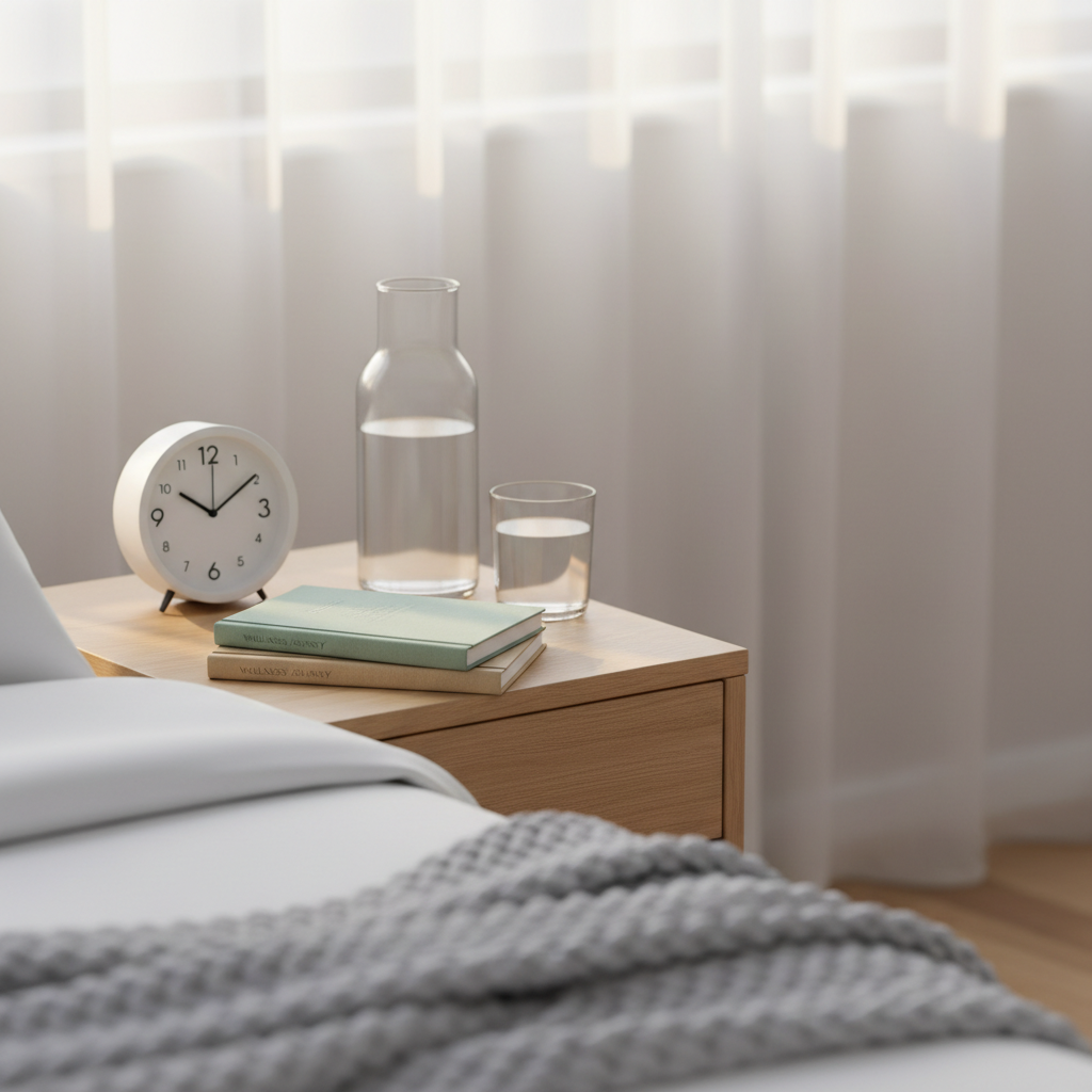 A serene bedside setup featuring a simple white analog alarm clock, a stack of two linen-bound wellness journals in muted sage and sand tones, and a frosted glass carafe of water with a matching tumbler. These objects rest on a light oak nightstand with a matte finish, beside a neatly made bed with crisp white cotton sheets and a soft gray knit throw. Diffused morning light filters through sheer curtains, bathing the scene in a gentle glow and creating barely-there shadows. Photographic realism with a minimalist, professional aesthetic, captured at eye level with balanced composition and soft focus in the background to convey restful sleep routines and gentle morning rituals for better wellbeing.