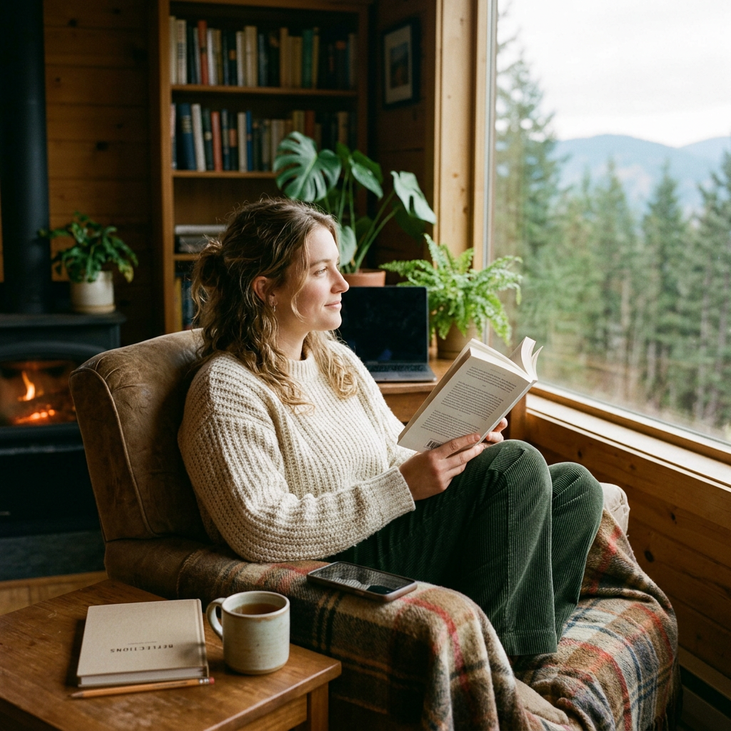 Woman sitting in armchair reading book near window with forest view